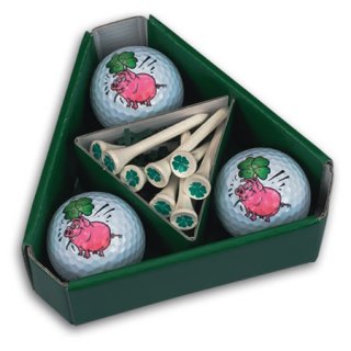 Geschenkbox mit 3 Motivgolfbllen Glcksschwein und Glckstees